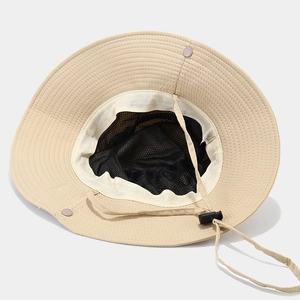 Khaki outdoor sun hat with wide brim, breathable mesh lining and adjustable chin strap