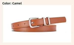 Close-up of camel leather skinny belt with silver buckle and yellow contrast stitching