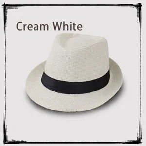 Classic cream white linen jazz fedora hat with black grosgrain ribbon for sun protection