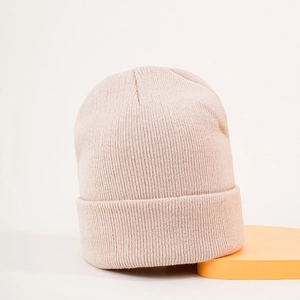 Close-up of pale pink ribbed knit beanie with fold-over cuff on white background