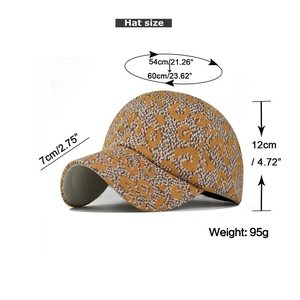 Detailed size chart for leopard print ponytail baseball cap showing dimensions and weight