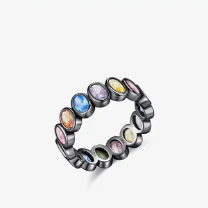 925 Sterling Silver Ring For Women With Colorful Zirconia Eternity Band Black Plated Punk Hip Hop Style Finger Jewelry