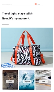 Detail of travel bag with black white music print and bright orange webbing straps