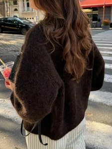 Pull-over décontracté à manches longues pour femme en maille marron foncé doux