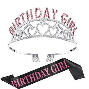 Birthday Girl silver crown and black glitter sash set for girls party celebrations