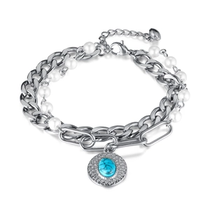 Double-layer stainless steel bracelet with silver chains, pearls, and a blue stone pendant