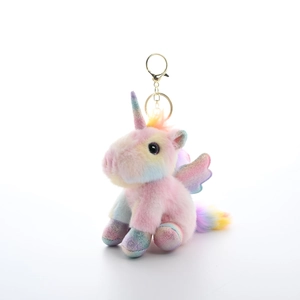 Rainbow plush unicorn keychain with glitter wings and golden ring on white background