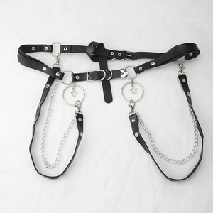 Punk Gothic black leather body harness with silver metal rings and multi-layer chains