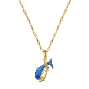Elegante collana in acciaio al titanio oro con pendente a doppio delfino blu