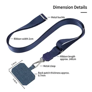 Adjustable crossbody phone lanyard with navy blue nylon strap and metal buckle