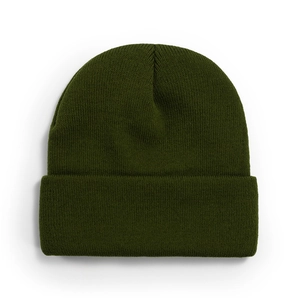 Army green knitted beanie hat with classic cuffed design for warmth and winter comfort