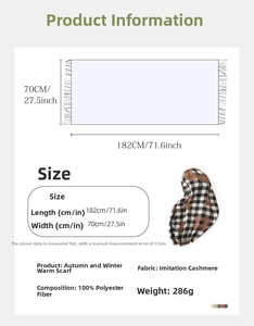 Size chart showing 182x70cm dimensions and 100% polyester fabric for winter scarf