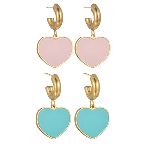 Pink and blue enamel heart drop earrings with gold titanium steel hoops for women