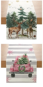 Detailed watercolor Christmas table runners with winter deer forest and festive joy truck
