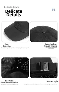 Detail des atmungsaktiven Mesh-Gewebes und verstellbarem Verschluss am schwarzen Sportcap