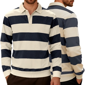 Pull polo en maille pour hommes à manches longues avec rayures bleu marine et crème