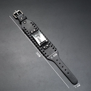 Nordic Viking axe leather bracelet with braided edges and metal buckle for men