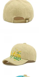 Detail of beige straw baseball cap with hand-painted latin letters and metal back buckle