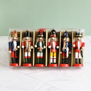 Set of 6 colorful 13cm wooden nutcracker soldier puppets in transparent gift packaging