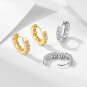 S925 sterling silver hoop earrings with double-row cubic zirconia in gold and silver