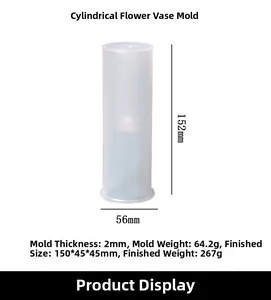 Macro view of cylindrical silicone vase mold with detailed dimensions and measurements