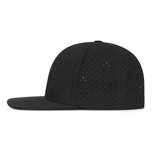 Breathable black flat brim hip hop cap with laser-cut ventilation holes and adjustable strap