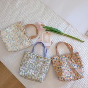 Floral Handheld Lunch Bag Thickened Cotton Cloth Bento Pouch With Aluminum Film Lining And Snap Button For Women