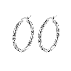 Polished silver twisted hoop earrings made of stainless steel in a minimalist style