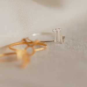 Close-up of silver and gold stainless steel zodiac sign rings on soft fabric background