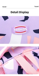 Detail view of purple geometric pattern backpack showing durable fabric and rubber fashion logo