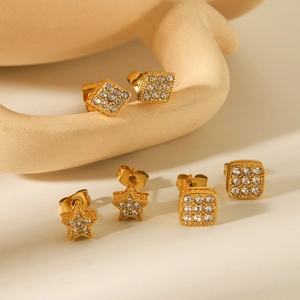 Geometric Stud Earrings 18K Gold Plated Stainless Steel Zircon Rhinestone Star Rhombus Square Fashion Jewelry For Women