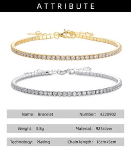 Detail of 925 silver tennis bracelets in gold and silver plating with 4-prong zircon setting