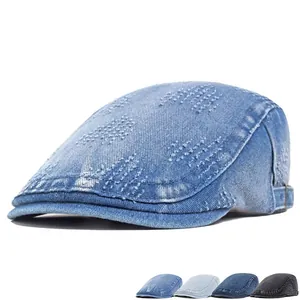 Retro Newsboy Cap Washed Cotton Denim Distressed Adjustable Ivy Flat Cap For Men Women British Vintage Style