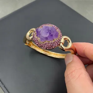 Vintage gold-plated open cuff bracelet with large oval purple amethyst geode and rhinestones