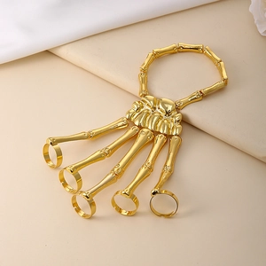 Golden punk skeleton bone hand bracelet ring with adjustable five-finger joint links