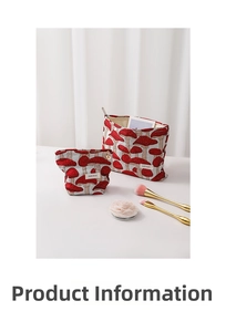 Detail of mushroom pattern fabric makeup bags with metal zipper and H&K BAG woven label