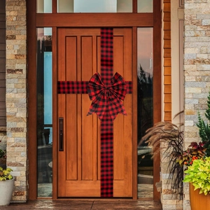 Red and black buffalo plaid ribbon door bow set for Christmas cabinet decoration