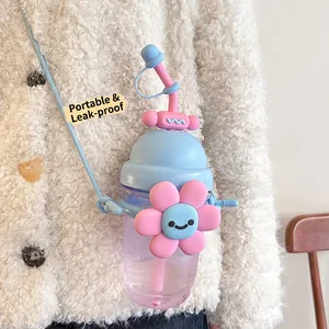 Cute sunflower water bottle with adjustable strap and blue pink crossbody design