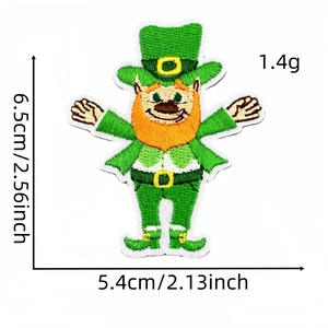 Detailed embroidery of Leprechaun St. Patrick's Day patch showing size and weight specs
