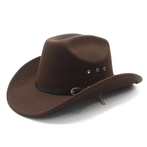 Classic brown felt cowboy hat with leather band and metal vents on white background