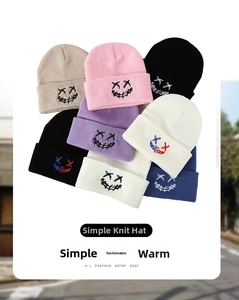 Detail of colorful knit beanies featuring embroidered smiley face patterns in street style