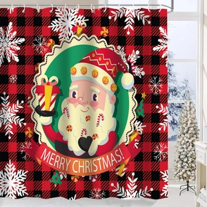Waterproof polyester Christmas shower curtain featuring Santa Claus and red plaid design