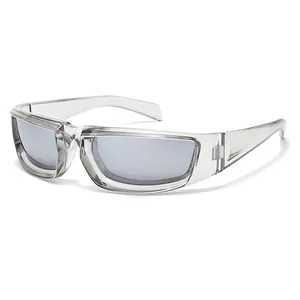 Y2K sporty transparent grey wrap sunglasses with wide temples for outdoor cycling and fashion