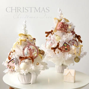 Mini White Christmas Tree Flocked Artificial Desktop Decoration With LED Lights Candy Ornaments For Home Office Holiday