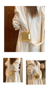 Detail of elegant gold geometric chain bag shown from multiple angles on a model