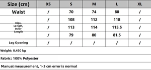 Tableau des tailles détaillé pour pantalons larges avec mesures de taille et longueur