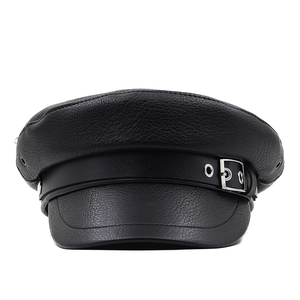 Close-up of black PU leather beret with lychee texture and decorative buckle strap