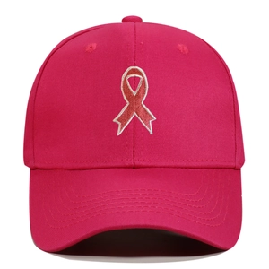 Detailed embroidery of pink ribbon on rose pink cotton twill baseball cap crown