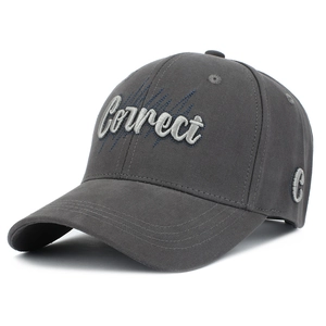 Dark grey cotton baseball cap with white Correct embroidery and curved brim in 45-degree view