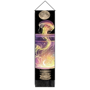 Detail of jellyfish moon tapestry featuring elegant black tassels and hanging rope